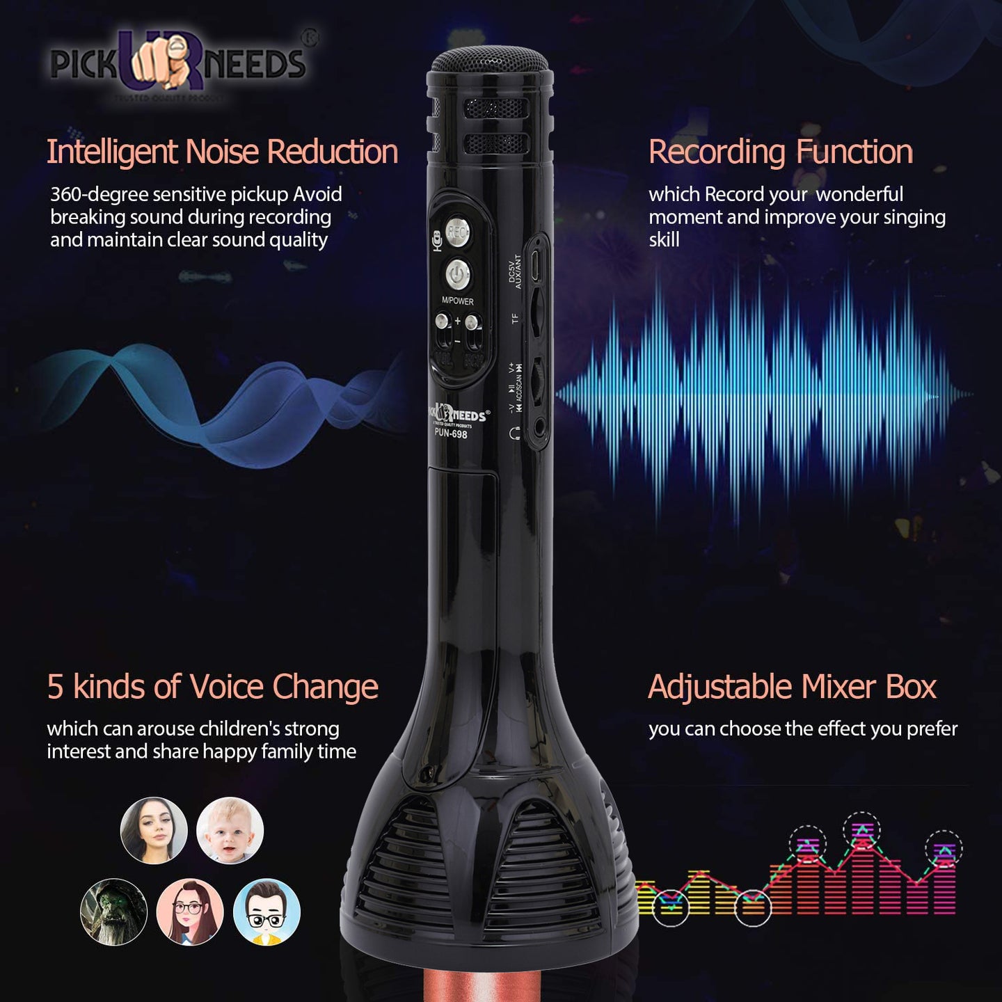 Pick Ur Needs Karaoke Mic with Led Light Wireless Bluetooth Microphone Connection Player Speaker 2-in1 with Recording + USB+FM
